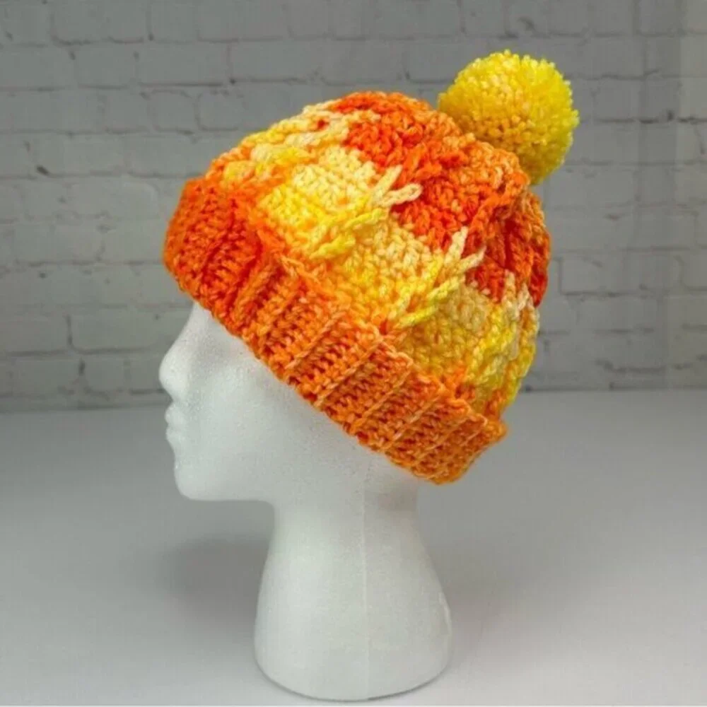 Created By Cyd Crochet Beanie Orange Yellow Gradient Pom Pom Cable Knit Hat NEW